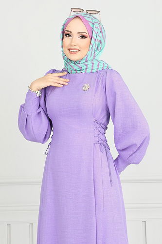 moda selvim Yandan Bağcıklı Tesettür Elbise 5962BSK463 Lila - Thumbnail