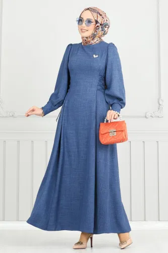 B.İ.S.S.K. - Yandan Bağcıklı Tesettür Elbise 5962BSK463 Mavi
