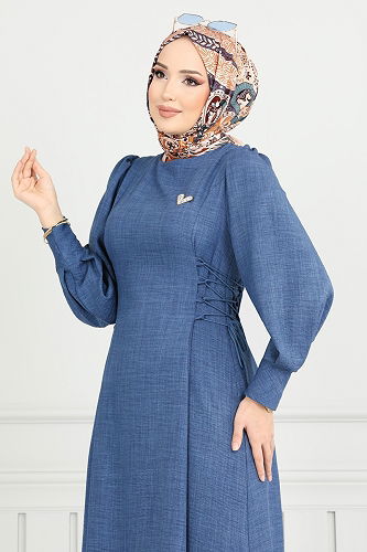 moda selvim Yandan Bağcıklı Tesettür Elbise 5962BSK463 Mavi - Thumbnail
