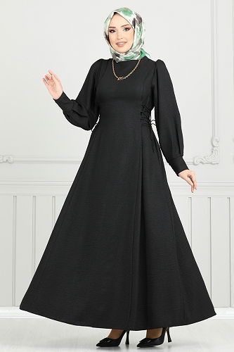 moda selvim Yandan Bağcıklı Tesettür Elbise 5962BSK463 Siyah - Thumbnail