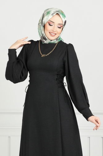 moda selvim Yandan Bağcıklı Tesettür Elbise 5962BSK463 Siyah - Thumbnail