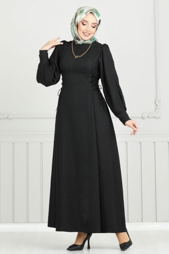 moda selvim Yandan Bağcıklı Tesettür Elbise 5962BSK463 Siyah - Thumbnail