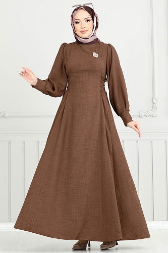 moda selvim Yandan Bağcıklı Tesettür Elbise 5962BSK463 Taba - Thumbnail