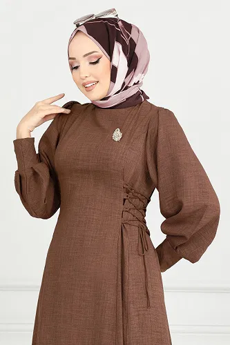 moda selvim Yandan Bağcıklı Tesettür Elbise 5962BSK463 Taba - Thumbnail