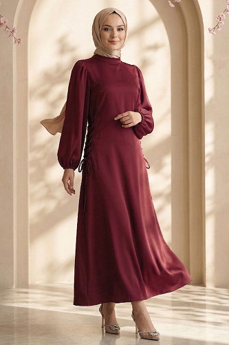 moda selvim Yandan Bağlamalı Dabıl Elbise 883ART1138 Bordo - Thumbnail