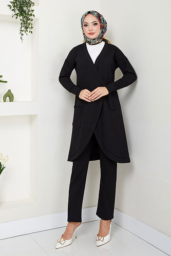 moda selvim Yandan Bağlamalı İkili Takım 5684ZNK903-M Siyah - Thumbnail