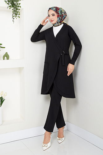 moda selvim Yandan Bağlamalı İkili Takım 5684ZNK903-M Siyah - Thumbnail
