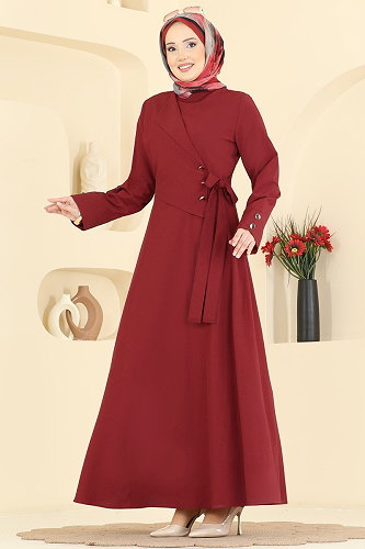 moda selvim Yandan Bağlamalı Kloş Elbise 3085KTR750 Bordo - Thumbnail