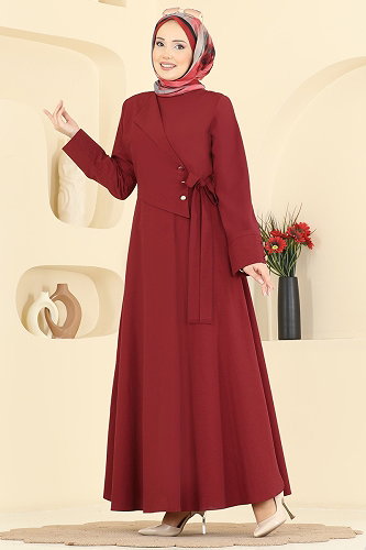 moda selvim Yandan Bağlamalı Kloş Elbise 3085KTR750 Bordo - Thumbnail
