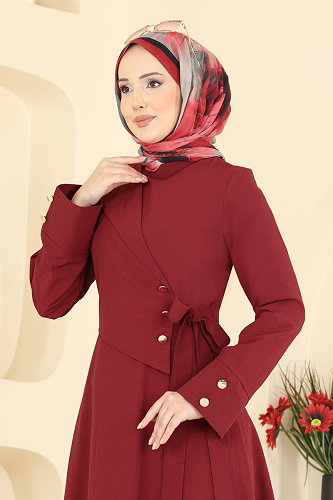 moda selvim Yandan Bağlamalı Kloş Elbise 3085KTR750 Bordo - Thumbnail