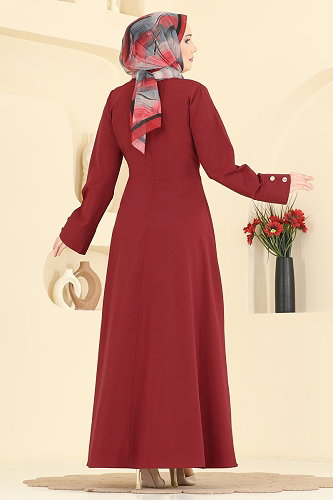 moda selvim Yandan Bağlamalı Kloş Elbise 3085KTR750 Bordo - Thumbnail
