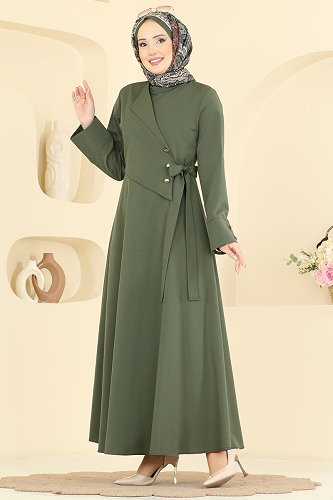 moda selvim Yandan Bağlamalı Kloş Elbise 3085KTR750 Haki - Thumbnail