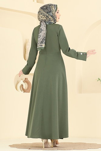 moda selvim Yandan Bağlamalı Kloş Elbise 3085KTR750 Haki - Thumbnail