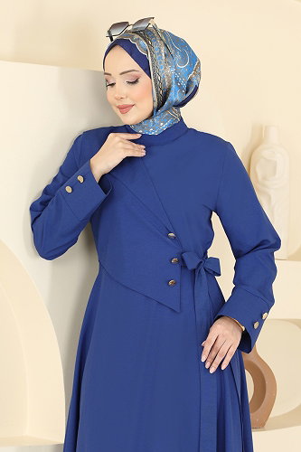 moda selvim Yandan Bağlamalı Kloş Elbise 3085KTR750 Saks - Thumbnail