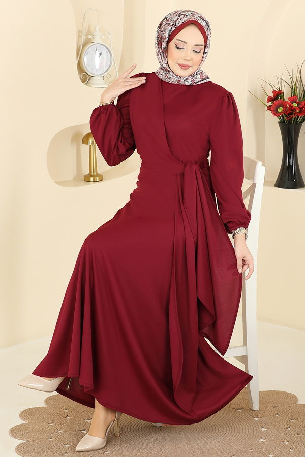 L.V.A. - Yandan Bağlamalı Krep Elbise 0848LVA1173 Bordo