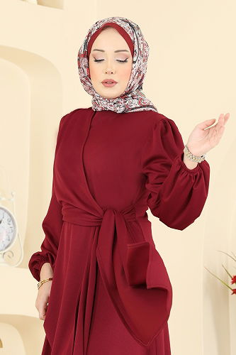moda selvim Yandan Bağlamalı Krep Elbise 0848LVA1173 Bordo - Thumbnail