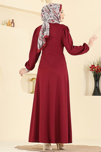 moda selvim Yandan Bağlamalı Krep Elbise 0848LVA1173 Bordo - Thumbnail