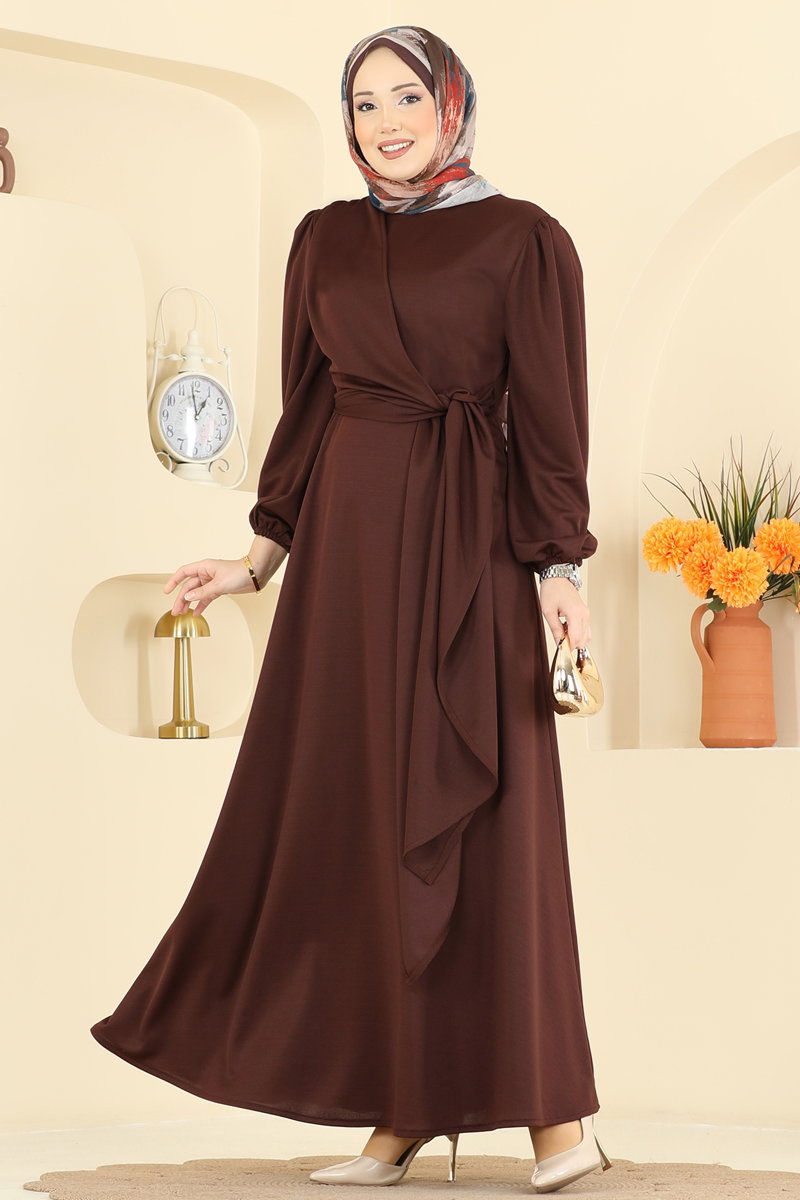 Yandan Bağlamalı Krep Elbise 0848LVA1173 Kahve
