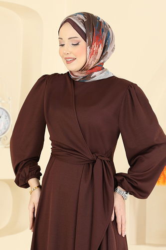 moda selvim Yandan Bağlamalı Krep Elbise 0848LVA1173 Kahve - Thumbnail