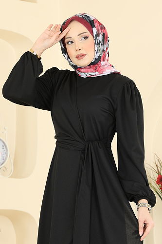 moda selvim Yandan Bağlamalı Krep Elbise 0848LVA1173 Siyah - Thumbnail