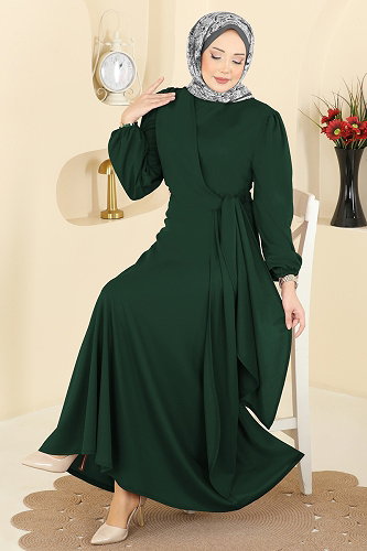 moda selvim Yandan Bağlamalı Krep Elbise 0848LVA1173 Zümrüt - Thumbnail