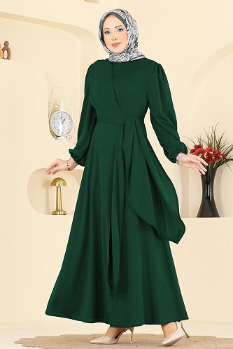 moda selvim Yandan Bağlamalı Krep Elbise 0848LVA1173 Zümrüt - Thumbnail