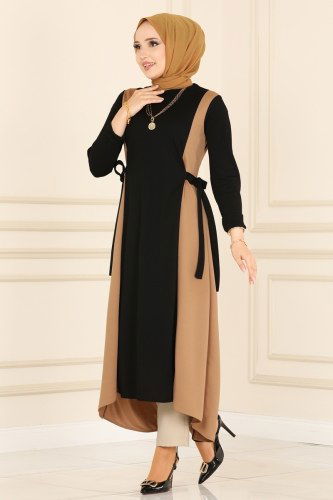 moda selvim Yandan Bağlamalı Mira Tunik 1536UKB139 Siyah&Latte - Thumbnail