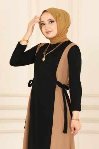 moda selvim Yandan Bağlamalı Mira Tunik 1536UKB139 Siyah&Latte - Thumbnail