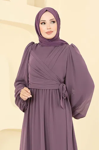 moda selvim Yandan Bağlamalı Şifon Abiye 8110AB368 Koyu Lila - Thumbnail