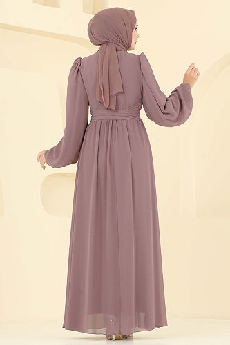 moda selvim Yandan Bağlamalı Şifon Abiye 8110AB368 Pudra Vizyon - Thumbnail