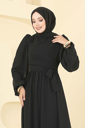 moda selvim Yandan Bağlamalı Şifon Abiye 8110AB368 Siyah - Thumbnail