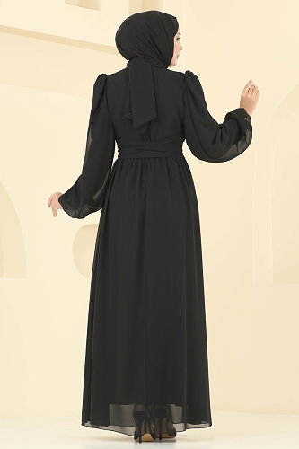 moda selvim Yandan Bağlamalı Şifon Abiye 8110AB368 Siyah - Thumbnail