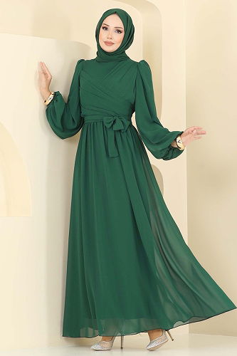 moda selvim Yandan Bağlamalı Şifon Abiye 8110AB368 Zümrüt - Thumbnail