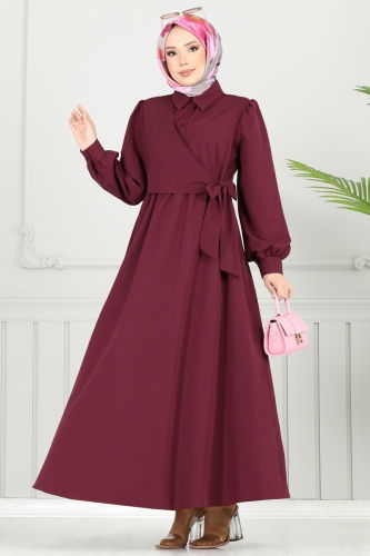 moda selvim Yandan Bağlamalı Terikoton Elbise 3348CR1136 Bordo - Thumbnail