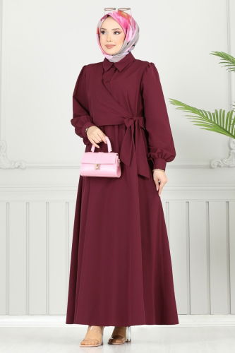 moda selvim Yandan Bağlamalı Terikoton Elbise 3348CR1136 Bordo - Thumbnail