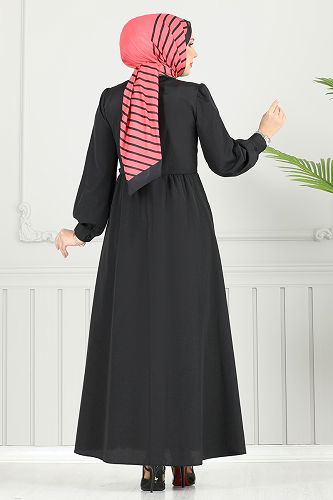 moda selvim Yandan Bağlamalı Terikoton Elbise 3348CR1136 Siyah - Thumbnail