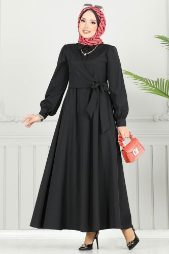 moda selvim Yandan Bağlamalı Terikoton Elbise 3348CR1136 Siyah - Thumbnail
