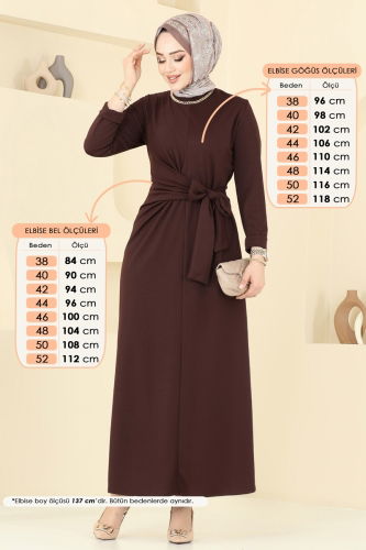 moda selvim Yandan Bağlamalı Tesettür Elbise 0409ALG474 Kahve - Thumbnail