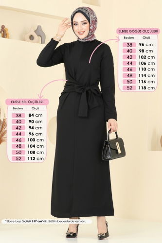 moda selvim Yandan Bağlamalı Tesettür Elbise 0409ALG474 Siyah - Thumbnail