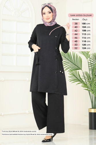 moda selvim Yandan Düğmeli Keten Takım 3402MP806 Siyah - Thumbnail