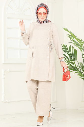 moda selvim Yandan Düğmeli Takım 3402MP806 Taş - Thumbnail