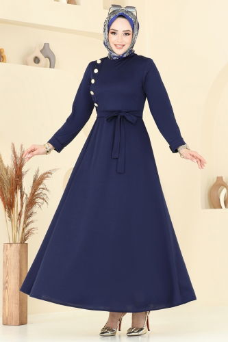 moda selvim Yandan Düğmeli Tesettür Elbise 4636ALG474 Laci - Thumbnail