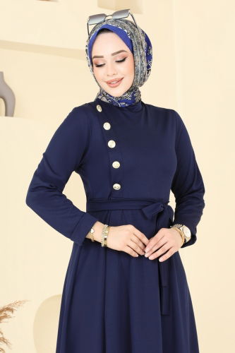 moda selvim Yandan Düğmeli Tesettür Elbise 4636ALG474 Laci - Thumbnail