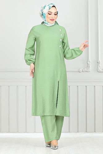 moda selvim Yandan Düğmeli Tesettür Takım 4075PM1063-M Çağla - Thumbnail