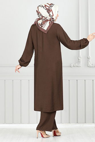 moda selvim Yandan Düğmeli Tesettür Takım 4075PM1063-M Kahve - Thumbnail