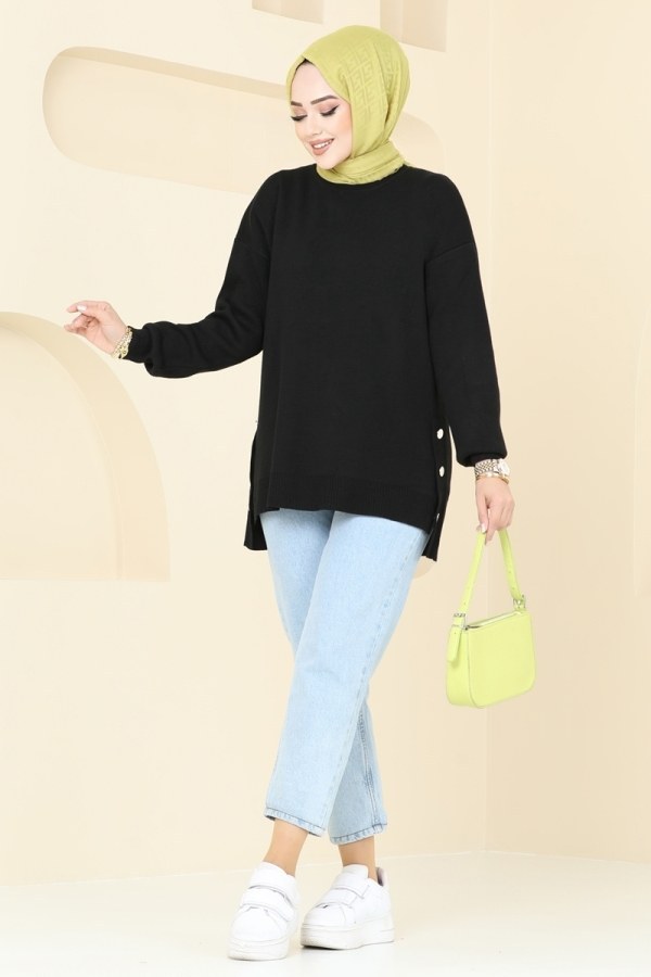 Modaselvim ANNELER GÜNÜNE ÖZEL Yandan Düğmeli Triko Tunik 9564KL398 Siyah