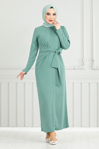 moda selvim Yandan Kemer Detaylı Elbise 0409ALG1079-M Mint - Thumbnail