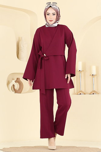 moda selvim Yandan Tokalı 2 li Takım 8085TEG847 Bordo - Thumbnail