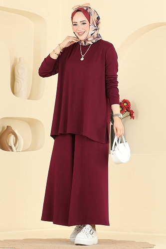 moda selvim Yandan Yırtmaçlı 2 li Takım 5678ZNNK1102 Bordo - Thumbnail