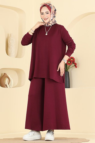 moda selvim Yandan Yırtmaçlı 2 li Takım 5678ZNNK1102 Bordo - Thumbnail